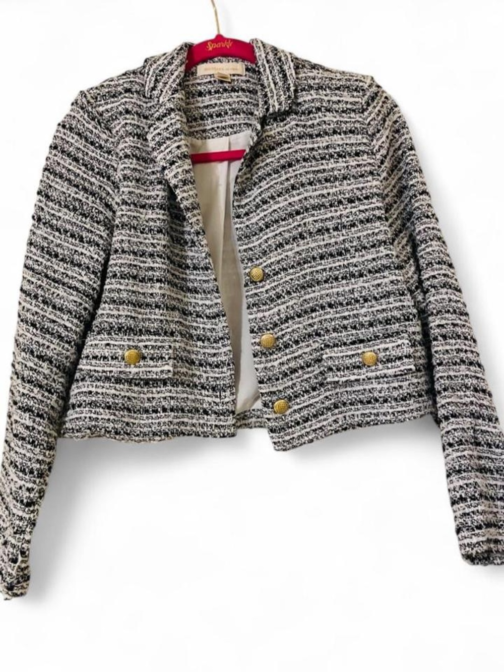 Monteau LA Black White Cropped Tweed Boucle Blazer Jacket Gold Button M